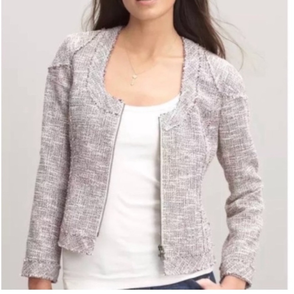 Banana Republic SZ 10 Tweed Crop‎ Lady Jacket Round Neck Raw Fringe Hem Classic